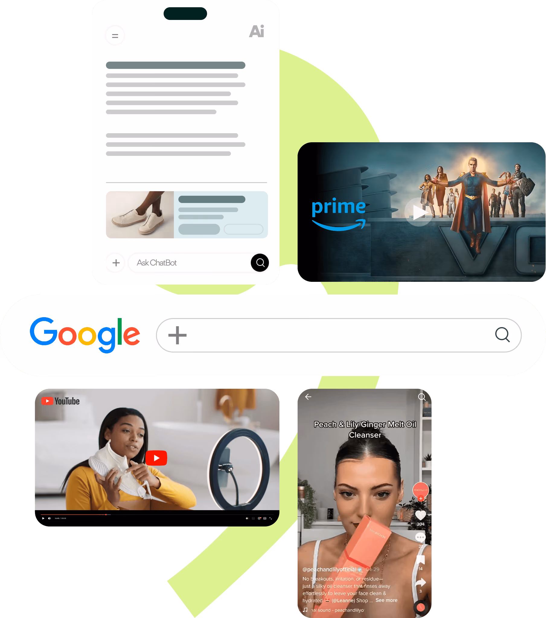 Examples of ads on Google search, YouTube, TikTok and Prime Video